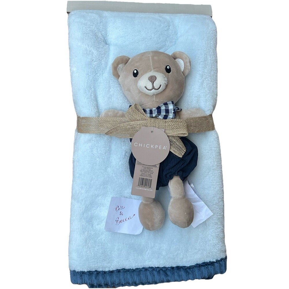 Chick Pea Baby Blanket Bear Lovey Set Light Blue Overalls Ribbed Trim Plush Toy